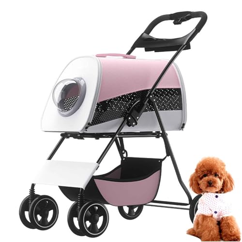 PJDDP Hundebuggy, 2 in 1 Hundebuggy Faltung Hundewagen, Hundetrolley Für Kleine Und Mittle Hunde Mit Netzfenstern, Getränkehalter, Aufbewahrungskorb,Rosa von PJDDP