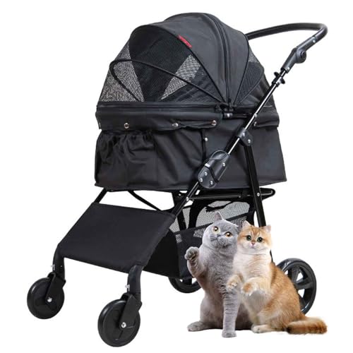 PJDDP Hundebuggy, Haustiertrolley Mit Netzfenster, Hundewagen Mit Aufbewahrungskorb, Faltbarer Hundetrolley, Ideal Für Spaziergänge Radfahren Outdoor,Schwarz von PJDDP