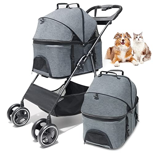 PJDDP Hundebuggy Hundewagen Vierrädrige Buggy Bis 15Kg,Hundebox Transporttasche Faltbar Klappbar Für Kleine Hunde Und Katzen Haustierwagen Pet Stroller Katzenbuggy Mit Aufbewahrungskorb,Grau von PJDDP