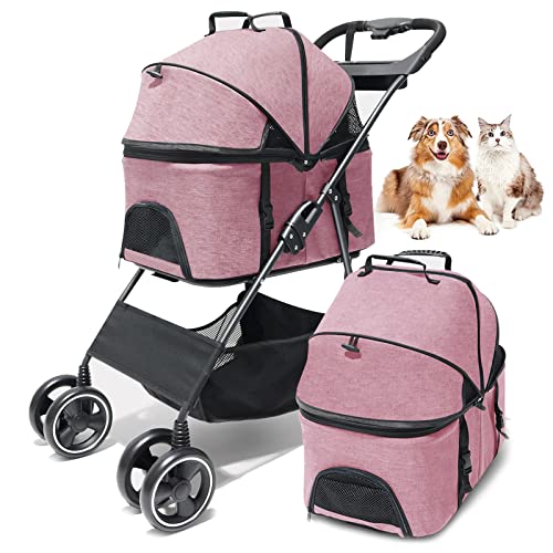 PJDDP Hundebuggy Hundewagen Vierrädrige Buggy Bis 15Kg,Hundebox Transporttasche Faltbar Klappbar Für Kleine Hunde Und Katzen Haustierwagen Pet Stroller Katzenbuggy Mit Aufbewahrungskorb,Rosa von PJDDP