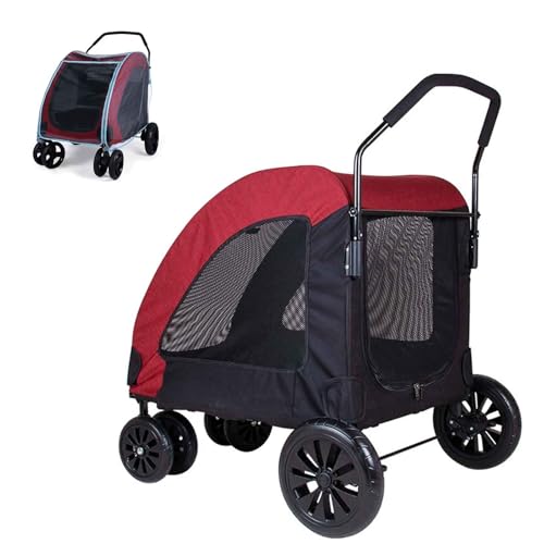 PJDDP Hundebuggy Mit 4 Rädern, Faltbarer Haustier-Kinderwagen, Reise-Haustier-Kinderwagen Mit Regenschutz, Tragkraft Bis Zu 60 Kg,Rot von PJDDP