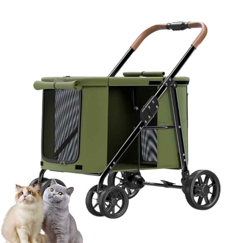 PJDDP Hundekinderwagen, Atmungsaktive Haustiere Buggy, Zusammenklappbarer Reise-Haustier-Kinderwagen, Tragbar, 4 Räder, Hunde-Jogger-Reiseträger,Grün von PJDDP