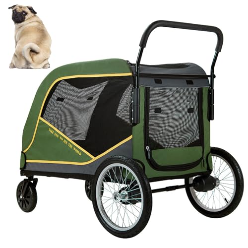 PJDDP Hundekinderwagen Für Große Hunde,Hundekinderwagen Pet Jogger Wagon Zusammenklappbarer Wagen Mit 4 Rädern Travel Carrier Atmungsaktive Tier Kinderwagen Mesh-Dachfenster Bis Zu 160 Lbs,Grün von PJDDP