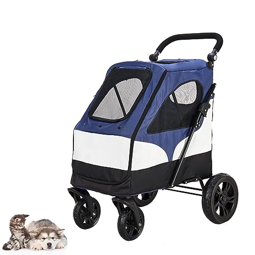 PJDDP Hundekinderwagen mit 4 Rädern für große und mittelgroße Hunde, Faltbarer Reisewagen, mit Aufbewahrungstasche, verstellbarem Griff, bis zu 66 Pfund,Blau von PJDDP