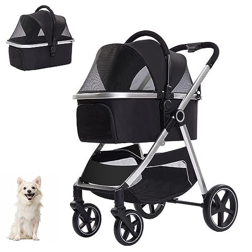 PJDDP Hundekinderwagen mit 4 Rädern für kleine und mittelgroße Hunde, Welpen, Katzen, Faltbarer Kinderwagen mit abnehmbarem Träger, Rahmen aus Aluminiumlegierung von PJDDP