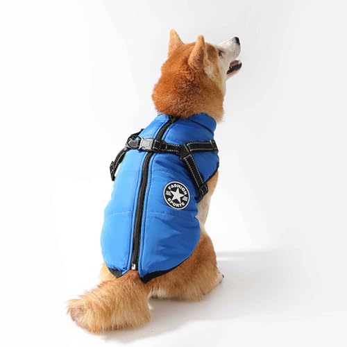 PJDDP Hundemantel Wasserdicht, Winter Hundejacke, Winddichte Hundekleidung Mit Reflektierender Streifen Und Geschirr, Für Kleine Mittelere Hunde,Blau,XXL von PJDDP