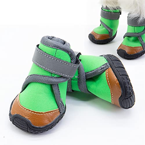 PJDDP Hundeschuhe Pfotenschutz 4 Stücke wasserdichte Hundeschuhe Pfotenschutz Atmungsaktiv Mit Abriebfester, Anti-Rutsch-Hundeschuhe Mit Verstellbarem Reflektierendem Riemen,Grün,2 von PJDDP