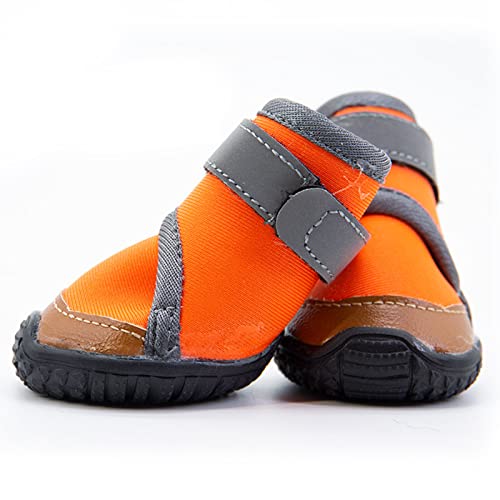 PJDDP Hundeschuhe Pfotenschutz 4 Stücke wasserdichte Hundeschuhe Pfotenschutz Atmungsaktiv Mit Abriebfester, Anti-Rutsch-Hundeschuhe Mit Verstellbarem Reflektierendem Riemen,Orange,1 von PJDDP