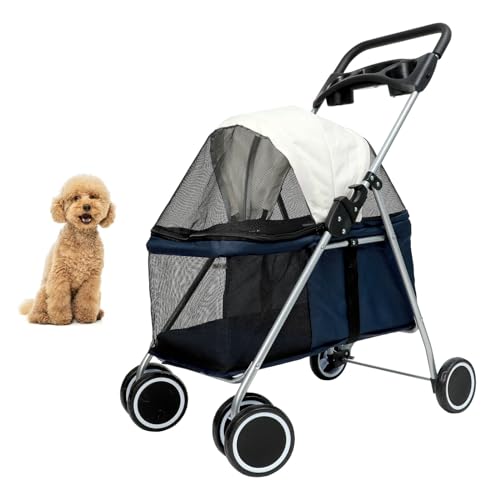 PJDDP Hundesportwagen 4 Räder Faltbarer Hundewagen, Hunde-Jogging-Kinderwagen Tragbarer Hunde-Katzen-Kinderwagen Mit Großer Tasche Cup Holder Langlebiger Großer Hundekinderwagen,Blau von PJDDP