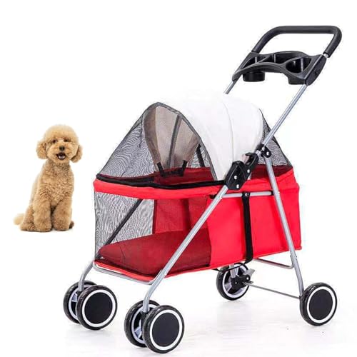 PJDDP Hundesportwagen 4 Räder Faltbarer Hundewagen, Hunde-Jogging-Kinderwagen Tragbarer Hunde-Katzen-Kinderwagen Mit Großer Tasche Cup Holder Langlebiger Großer Hundekinderwagen,Rot von PJDDP