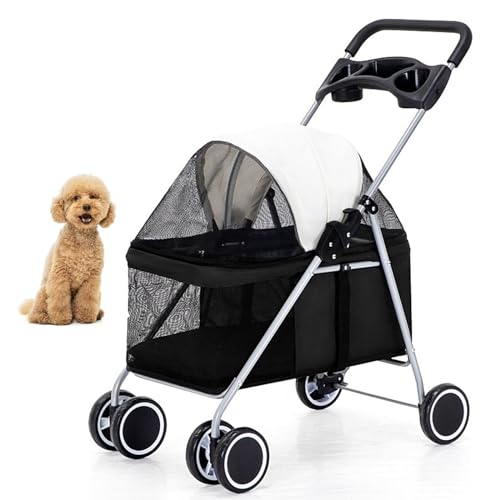 PJDDP Hundesportwagen 4 Räder Faltbarer Hundewagen, Hunde-Jogging-Kinderwagen Tragbarer Hunde-Katzen-Kinderwagen Mit Großer Tasche Cup Holder Langlebiger Großer Hundekinderwagen,Schwarz von PJDDP