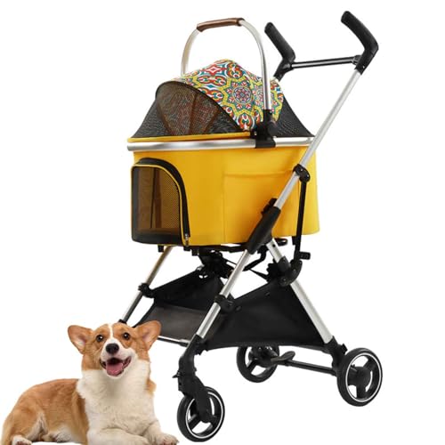 PJDDP Hundewagen, 3 in 1 Hundetrolley, Tragetasche, Faltbarer Hundebuggy Mit Kissen, Katzenwagen Für Kleine Hunde, Katzen, Katzenbuggy Mit 4 Rädern,Gelb von PJDDP