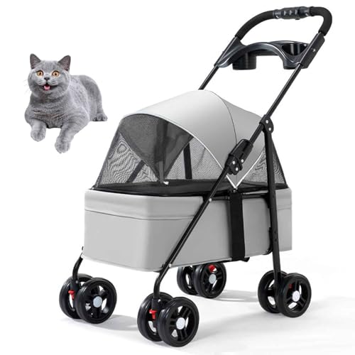 PJDDP Hundewagen, Faltbarer Hundebuggy, Hundetrolley Mit Kissen, Katzenwagen Mit 4 Rädern, Tragbarer Haustier Kinderwagen, Ideal Für Reisen,Grau von PJDDP