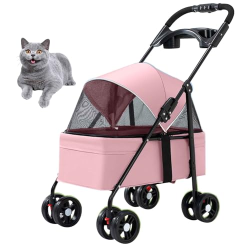 PJDDP Hundewagen, Faltbarer Hundebuggy, Hundetrolley Mit Kissen, Katzenwagen Mit 4 Rädern, Tragbarer Haustier Kinderwagen, Ideal Für Reisen,Rosa von PJDDP