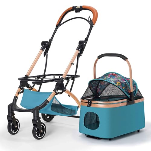 PJDDP Hundewagen, Faltbarer Hundebuggy, Hundewagen Mit Aufbewahrungskorb, Hundetrolley Mit Kissen Für Kleine Bis Mittlere Hunde Und Katzen, Ideal Für Reisen,Blau von PJDDP