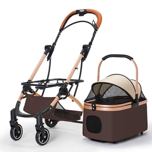 PJDDP Hundewagen, Faltbarer Hundebuggy, Hundewagen Mit Aufbewahrungskorb, Hundetrolley Mit Kissen Für Kleine Bis Mittlere Hunde Und Katzen, Ideal Für Reisen,Braun von PJDDP