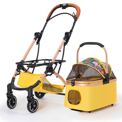 PJDDP Hundewagen, Faltbarer Hundebuggy, Hundewagen Mit Aufbewahrungskorb, Hundetrolley Mit Kissen Für Kleine Bis Mittlere Hunde Und Katzen, Ideal Für Reisen,Gelb von PJDDP