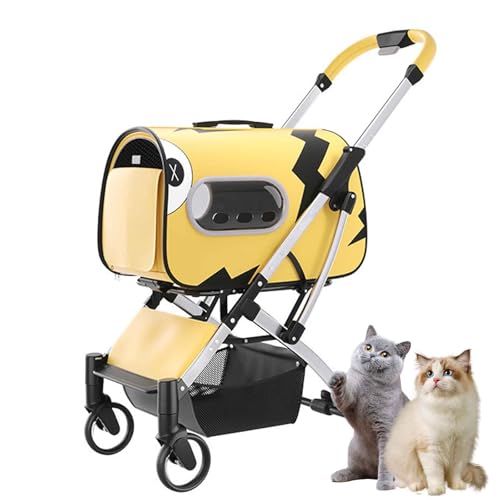 PJDDP Hundewagen 2 in 1 Hundebuggy Bis 15KG Für Kleine Bis Mittelgroße Hunde, Faltbarer Leichter Katzen- Und Hundekinderwagen Mit Storage Basket,Gelb von PJDDP