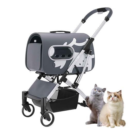 PJDDP Hundewagen 2 in 1 Hundebuggy Bis 15KG Für Kleine Bis Mittelgroße Hunde, Faltbarer Leichter Katzen- Und Hundekinderwagen Mit Storage Basket,Grau von PJDDP