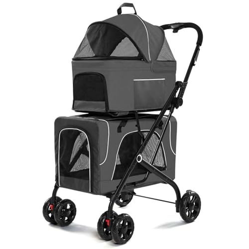 PJDDP Hundewagen 3 In1 Hundebuggy, Abnehmbarer Hunde-Kinderwagen, Doppeldecker-Haustier-Kinderwagen, Hundereisetasche Für Autoreisen Oder Ausflüge,Grau von PJDDP