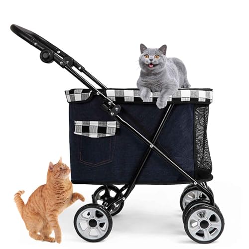 PJDDP Hundewagen Bis 12.5 Kg, Tragbarer Hundebuggy, Faltbar Klappbar, Haustiere Buggy Mit Netzfenstern, Jogger Katzenbuggy Für Kleine Hunde Katzen, Haustier-Kinderwagen,Schwarz von PJDDP