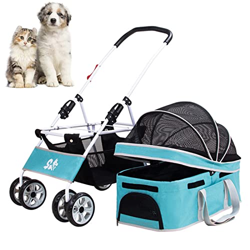 PJDDP Hundewagen Faltbare Hunde Katzen Pet Stroller Hundebuggy Katzenbuggy Katzenwagen Hundebox Transporttasche Mit Aufbewahrungskorb & Netzfenstern, Abnehmbarer Reisesitz,Blau von PJDDP