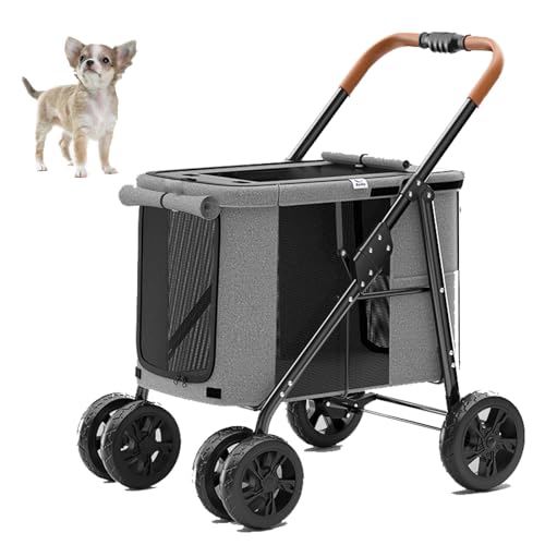 PJDDP Hundewagen Für Mittlere Hunde, 4 Räder Falten Hundewagen Falten Pet Wagon Kinderwagen Mit Zwei Eintrag Tragbarer Schnelles Einschritt-Klapp-Travel-Transportwagenwagen,Grau von PJDDP