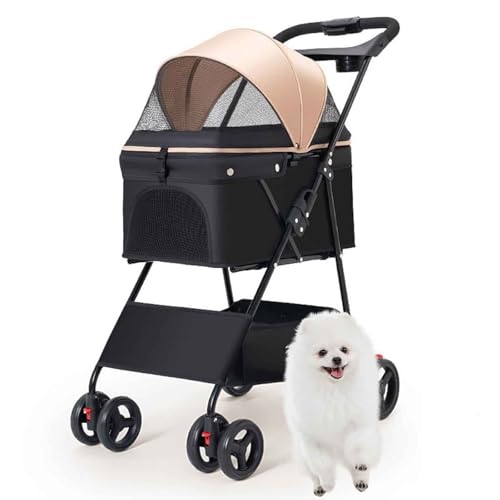 PJDDP Hundewagen Hundebuggy Bis 15Kg, Mit Aufbewahrungskorb, Getränkehaltern & Netzfenster, Faltbarer Katzenwagen, Tragbarer Haustier Kinderwagen,Braun von PJDDP