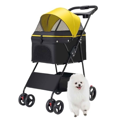 PJDDP Hundewagen Hundebuggy Bis 15Kg, Mit Aufbewahrungskorb, Getränkehaltern & Netzfenster, Faltbarer Katzenwagen, Tragbarer Haustier Kinderwagen,Gelb von PJDDP