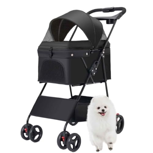 PJDDP Hundewagen Hundebuggy Bis 15Kg, Mit Aufbewahrungskorb, Getränkehaltern & Netzfenster, Faltbarer Katzenwagen, Tragbarer Haustier Kinderwagen,Schwarz von PJDDP