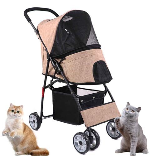 PJDDP Hundewagen Katzenwagen Mit Aufbewahrungskorb, 4 Rädern, Faltbarer Hundebuggy, Tragbarer Haustier Kinderwagen, Leicht, Praktisch Für Kleine Hunde,Khaki von PJDDP