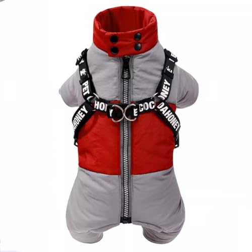 PJDDP Hundewinterjacke Mit Geschirr, Vierbeinige Welpenjacke, Hundewintermantel Mit Reißverschluss, Rollkragenweste Für Welpen Mit D-Ring, Reflektierende, Winddichte Hundekleidung,Rot,XL von PJDDP