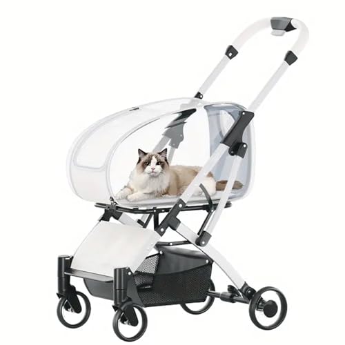 PJDDP Katzen-Kinderwagen, Haustierwagen, Faltbarer Haustier-Kinderwagen Für Große Katzen Oder Kleine Hunde Mit Abnehmbarer Tragetasche, Leicht, Netzfenster, Atmungsaktiv,Clear von PJDDP