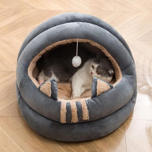 PJDDP Katzenbett, süßes Katzenstreu, selbstwärmende Katzenzelthöhle, halbgeschlossene Hundehütte, Haustierkissen-Betthaus, weiches Schlafsofa für kleine mittelgroße Haustiere,Grau,Small von PJDDP