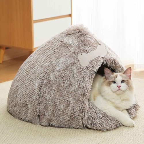 PJDDP Katzenbett Indoor, Niedliche Katzenhöhle Mit Abnehmbarem Kissen, Katzenbett Mit Antirutsch Boden, Hundehöhlenbett, Haustierzelt Für Kätzchen Welpen,Braun,M von PJDDP