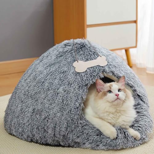 PJDDP Katzenbett Indoor, Niedliche Katzenhöhle Mit Abnehmbarem Kissen, Katzenbett Mit Antirutsch Boden, Hundehöhlenbett, Haustierzelt Für Kätzchen Welpen,Grau,L von PJDDP