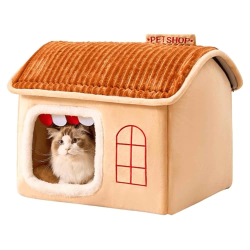 PJDDP Katzenhaus, Katzenbett, Haustierbett Mit Abnehmbarem, Waschbarem Kissen, Klappbar Katzenbett Höhle, Katzenhöhlenbett Mit rutschfeste Unterseite,Braun,L von PJDDP