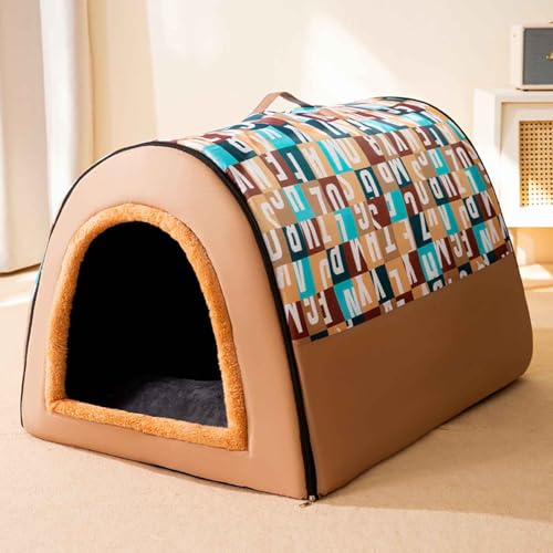 PJDDP Katzenhaus, Katzenhöhlenbett, Halbgeschlossenes Katzenbett, 2 in 1 Hundehütte Mit Rutschfestem Boden, Abnehmbarem Waschbarem Innenkissen,Braun,L von PJDDP