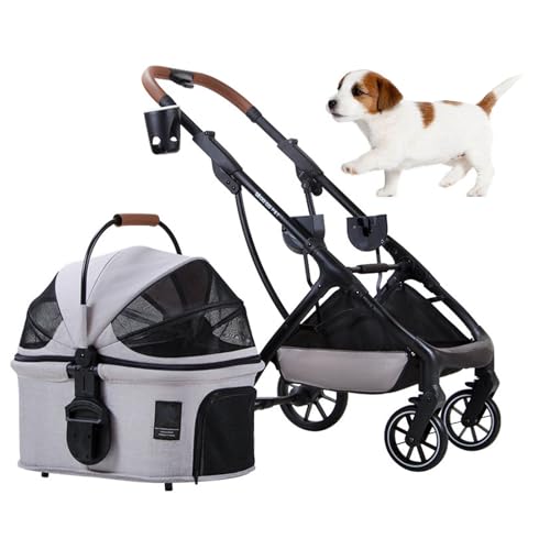 PJDDP Kinderwagen Für Haustiere Mit Abnehmbarem Gepäckträger, 3 in 1 Faltbarer, Leichter Hundekinderwagen Mit Getränkehalter Premium 4-Rad Stoßabsorbierend Reise-Kinderwagen,Grau von PJDDP