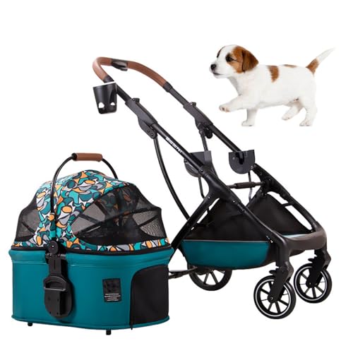 PJDDP Kinderwagen Für Haustiere Mit Abnehmbarem Gepäckträger, 3 in 1 Faltbarer, Leichter Hundekinderwagen Mit Getränkehalter Premium 4-Rad Stoßabsorbierend Reise-Kinderwagen,Grün von PJDDP