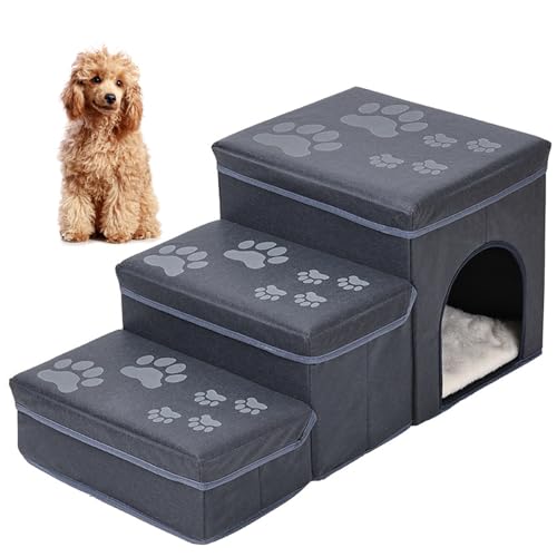 PJDDP Klappbare Rampe Für Haustiere, Hunde-Rampe Mit Lagerung,rutschfeste Hundetreppe Für Bett Mit Haustier-Kletterleitern/Cozy Condo/Aufbewahrungsboxen,Haustier-Aufbewahrungs-Treppe,Grau von PJDDP