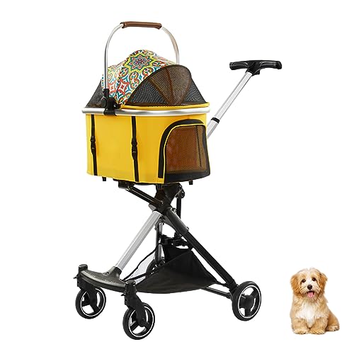 PJDDP Leichter, zusammenklappbarer Haustier-Kinderwagen, Trolley für kleine Hunde und Katzen, tragbarer Reise-Hundewagen mit Aufbewahrungskorb, Rahmen aus Aluminiumlegierung,Gelb von PJDDP