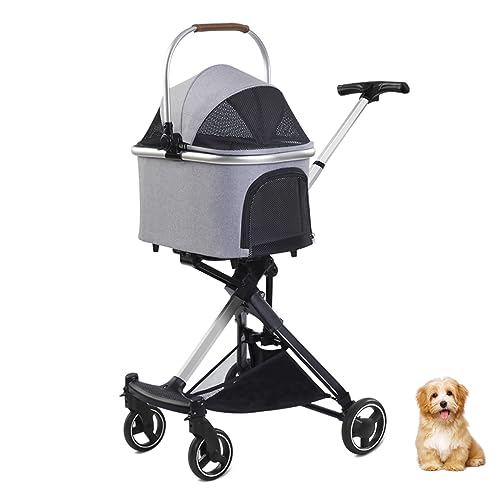 PJDDP Leichter, zusammenklappbarer Haustier-Kinderwagen, Trolley für kleine Hunde und Katzen, tragbarer Reise-Hundewagen mit Aufbewahrungskorb, Rahmen aus Aluminiumlegierung,Light Gray von PJDDP