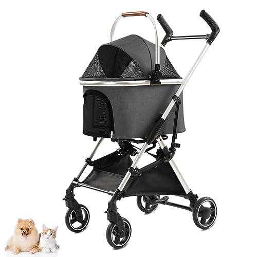 PJDDP Leichter Haustier-Kinderwagen aus Metall, Faltbarer, tragbarer Reise-Hundewagen für mittelgroße kleine Hunde und Katzen, mit abnehmbarem Aufbewahrungskorb,Dark Gray von PJDDP