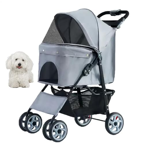 PJDDP Leichter Hundekinderwagen, Zusammenklappbarer Kinderwagen 4 Räder Hund Jogger Kinderwagen Inklusive 360 Grad Schwenkbarem Vorderrad Und Bremsbarem Hinterrad,Grau von PJDDP