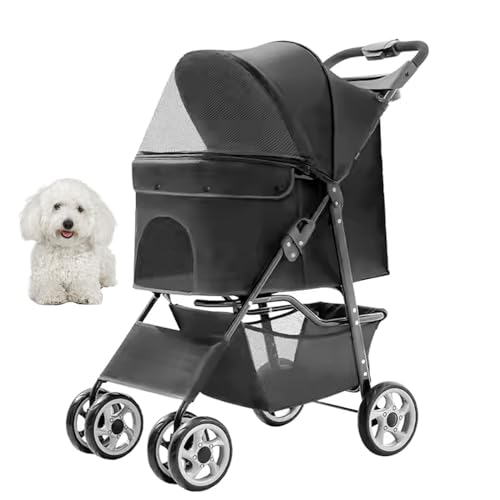 PJDDP Leichter Hundekinderwagen, Zusammenklappbarer Kinderwagen 4 Räder Hund Jogger Kinderwagen Inklusive 360 Grad Schwenkbarem Vorderrad Und Bremsbarem Hinterrad,Schwarz von PJDDP