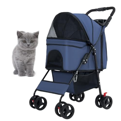 PJDDP Leichter Katzen-Kinderwagen, 360° Rad Faltbarer Hunde-Kinderwagen Mit Ablagekorb Und Tassenhalterung Haustier Reisewagen Atmungsaktives Und Sichtbares Mesh Für Alle Jahreszeiten,Blau von PJDDP