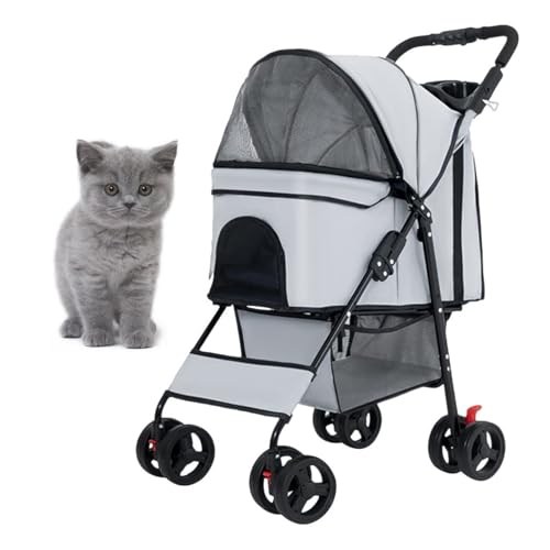 PJDDP Leichter Katzen-Kinderwagen, 360° Rad Faltbarer Hunde-Kinderwagen Mit Ablagekorb Und Tassenhalterung Haustier Reisewagen Atmungsaktives Und Sichtbares Mesh Für Alle Jahreszeiten,Grau von PJDDP