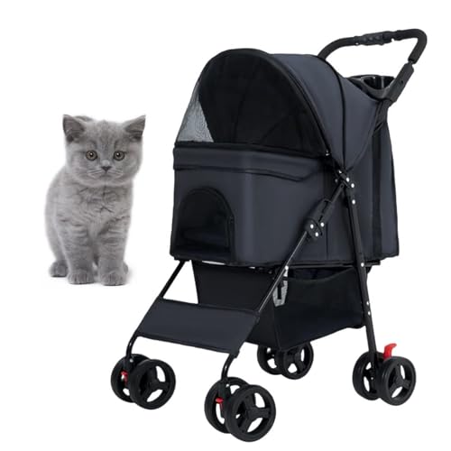 PJDDP Leichter Katzen-Kinderwagen, 360° Rad Faltbarer Hunde-Kinderwagen Mit Ablagekorb Und Tassenhalterung Haustier Reisewagen Atmungsaktives Und Sichtbares Mesh Für Alle Jahreszeiten,Schwarz von PJDDP