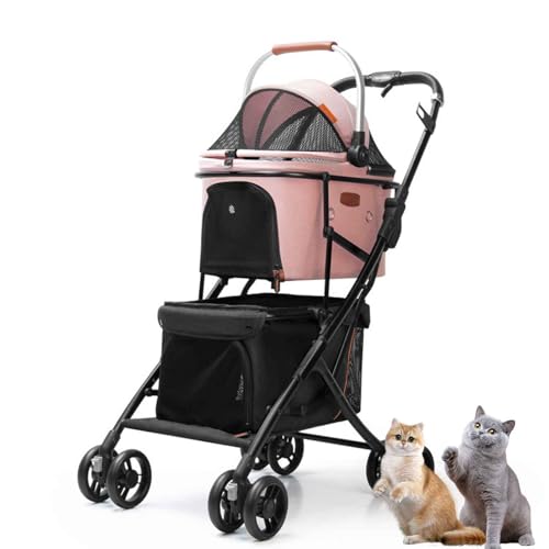 PJDDP Mehrzweck-Doppelkinderwagen Für Katzen, Hundetransporter Mit Rädern, Hundebuggy Mit Klappfunktion, Haustierwagen Katzenbuggy Für 2 Kleine Hunde, Katzen, Welpen,Rosa von PJDDP